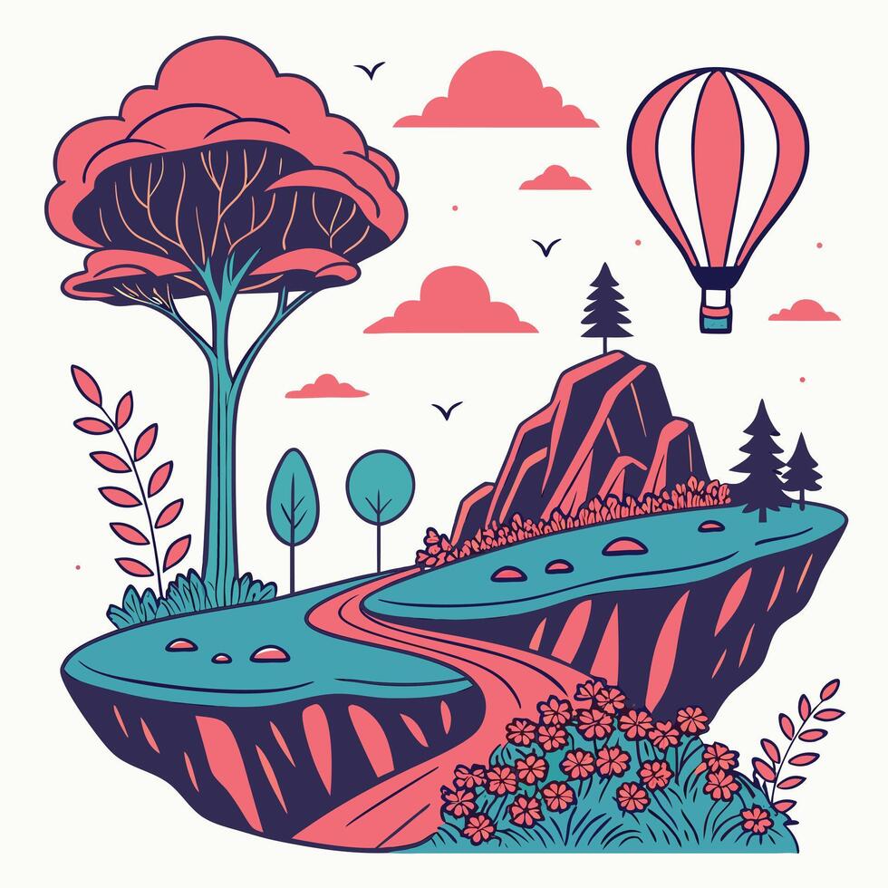 Whimsical landscape with a hot air balloon, trees, a winding path, and a floating island with a vibrant illustration style. vector