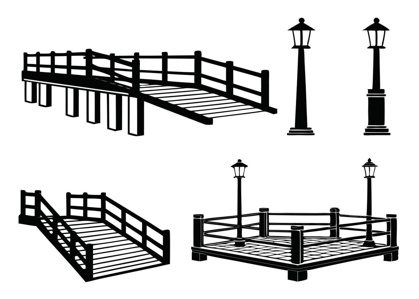 Architectural silhouettes featuring bridges, staircases, and lampposts for design projects and concepts vector