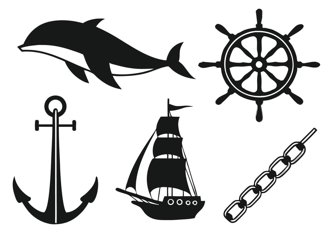 Black and white nautical symbols including a dolphin anchor sailing ship steering wheel and chain vector