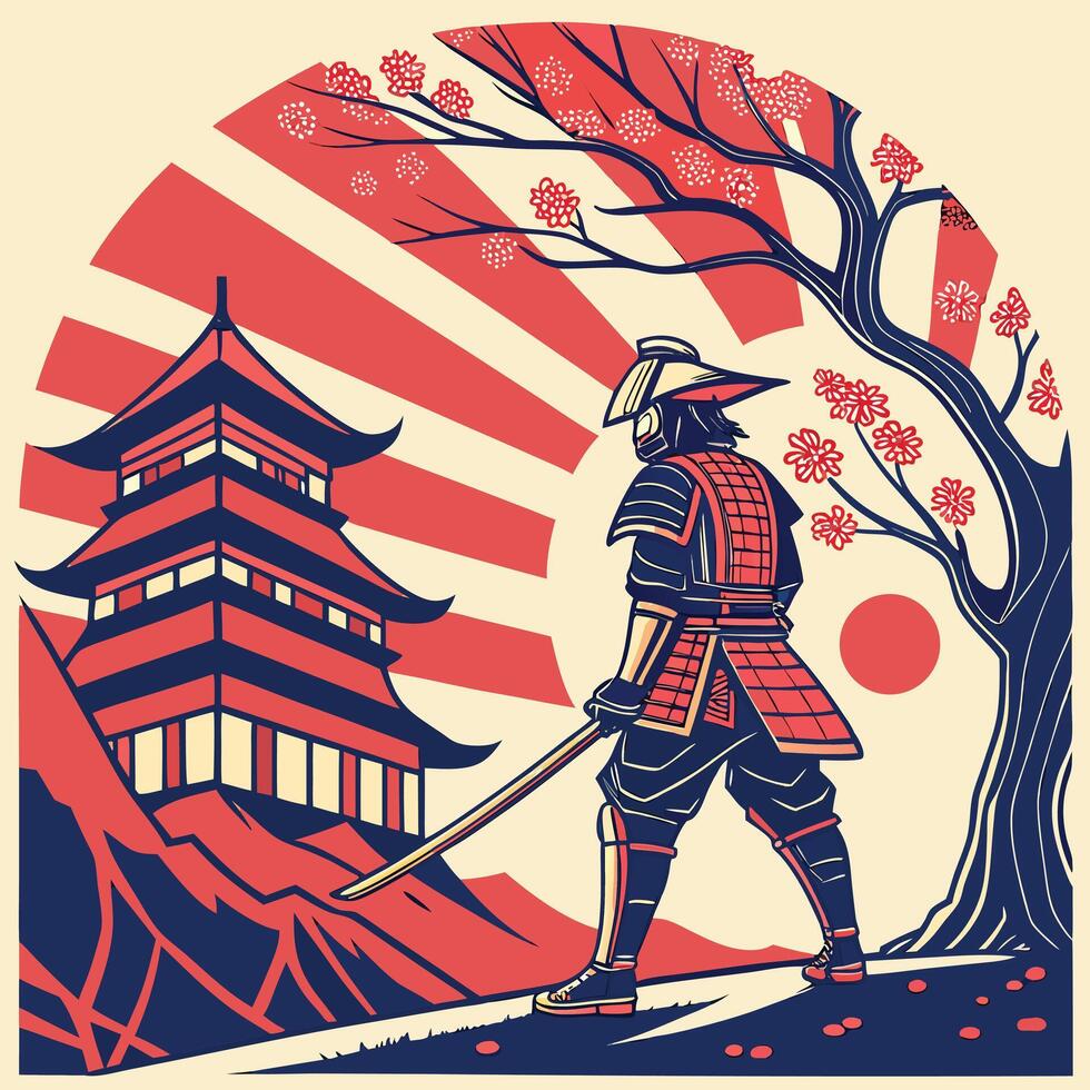 Samurai warrior with katana stands by a japanese temple cherry blossom tree with sun rays illustration vector