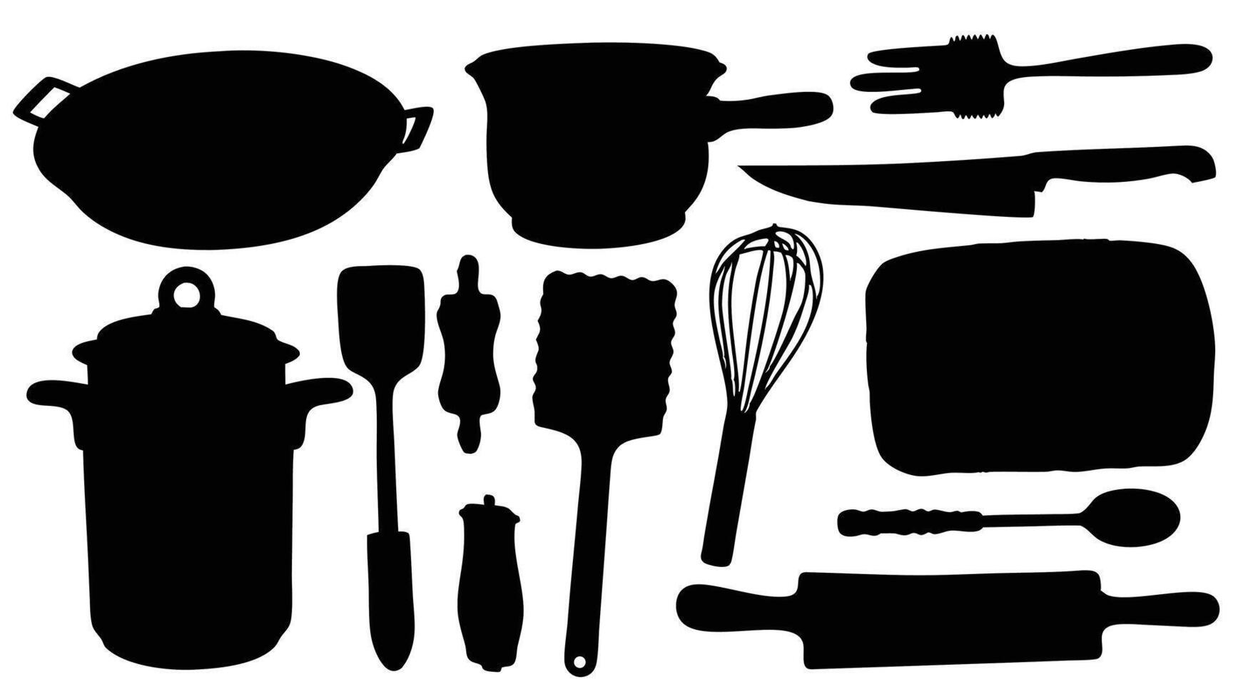 Culinary equipment silhouettes collection depicting essential cooking utensils for various food preparation tasks vector
