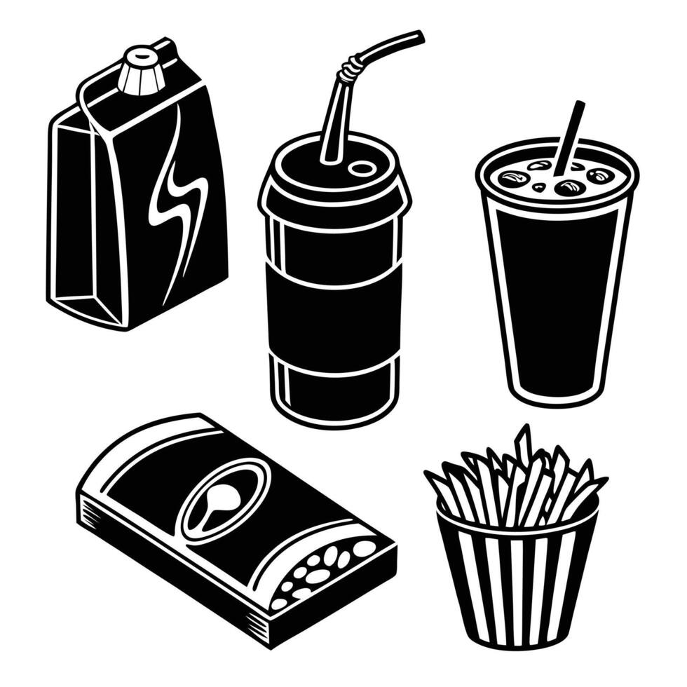 Black and white illustration of snacks and beverages including french fries juice cup soda and candy vector