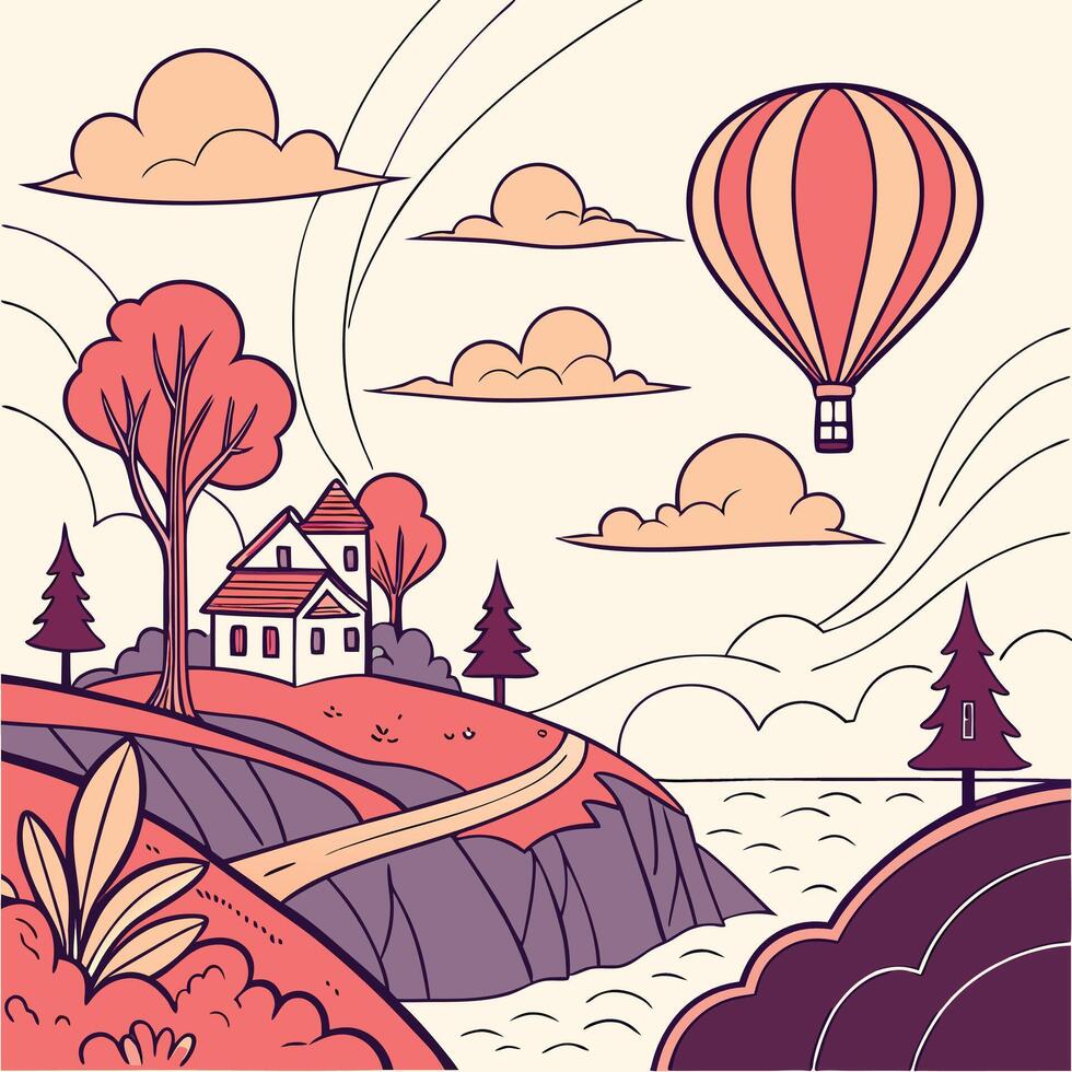 Scenic illustration showcasing a serene landscape featuring a house on a hill, a hot air balloon, trees and clouds. vector