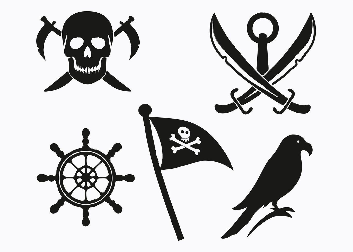 A collection of black pirate themed silhouettes featuring jolly roger, swords, and nautical elements. vector