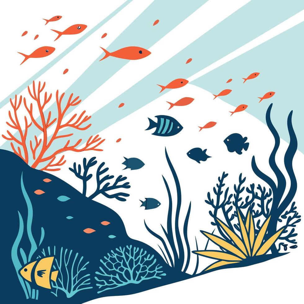 Colorful underwater scene with stylized fish coral and seaweed creates a vibrant ocean life illustration perfect for design projects vector