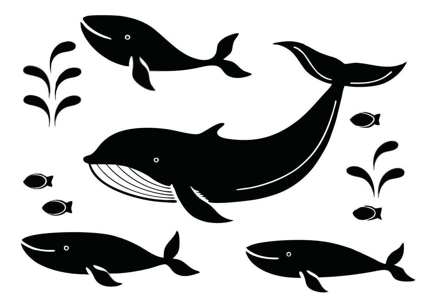 Black and white illustrations of whales with fishes and water splashes on a white background vector