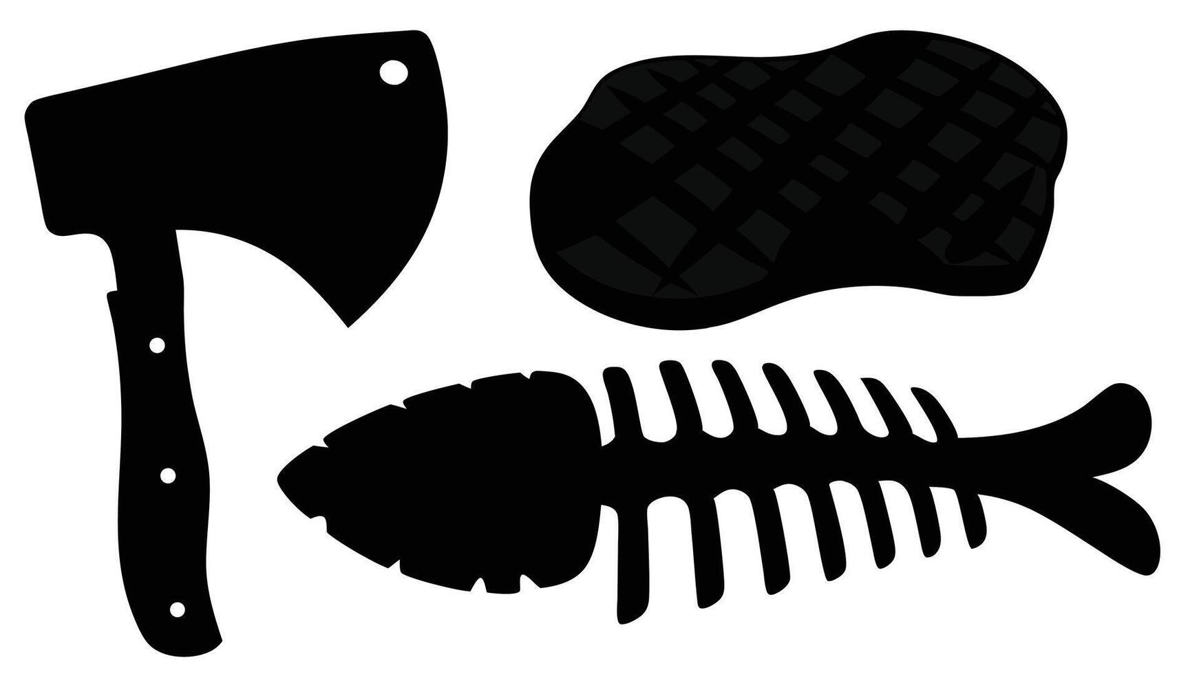 Black silhouettes depicting an axe a grilled steak and fish bones representing culinary and dietary concepts vector