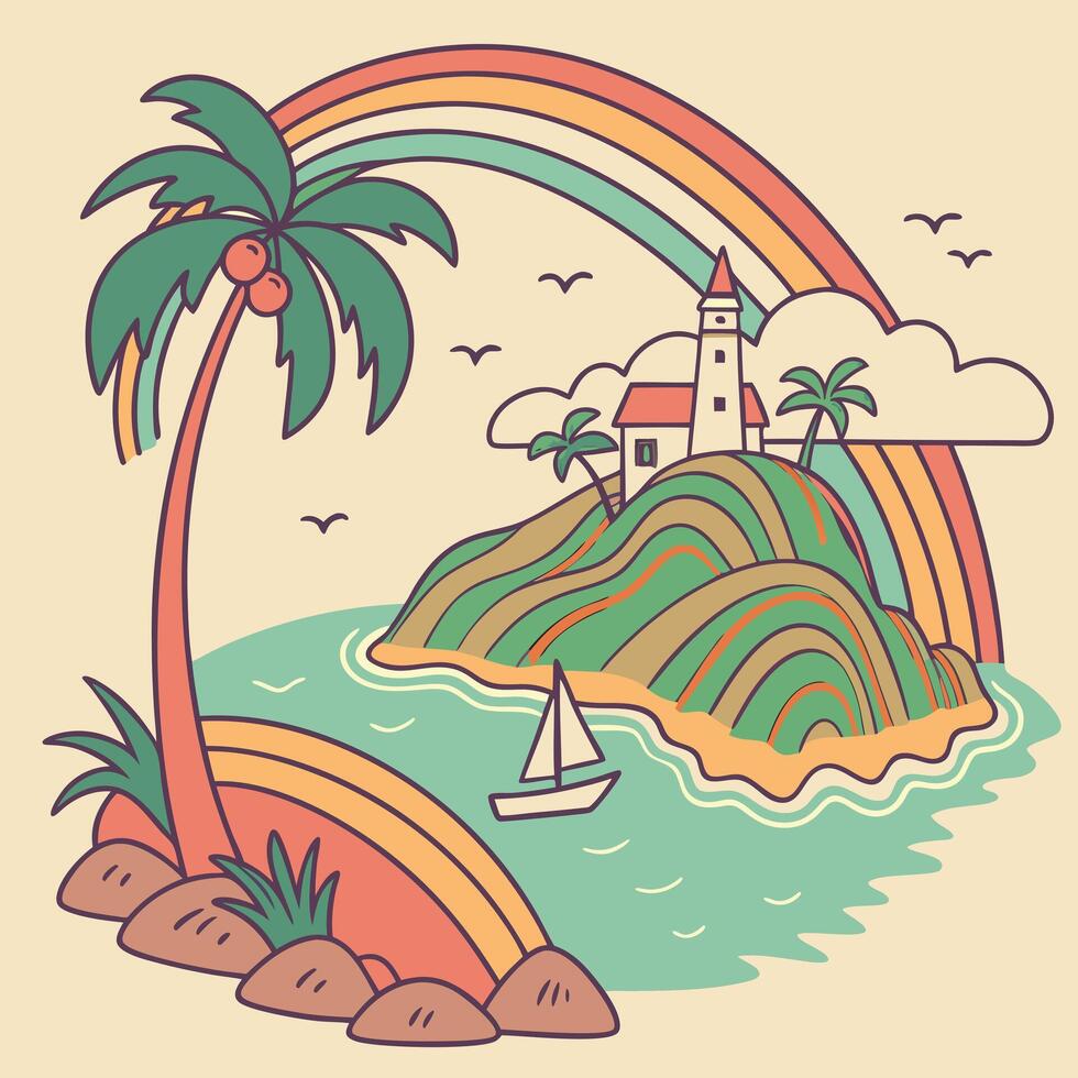 Tropical island paradise illustration featuring a palm tree rainbow lighthouse and a sailboat under a bright sky vector