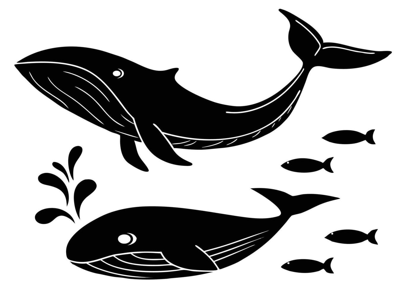 Black and white illustration of two whales swimming with little fish around them in ocean. vector