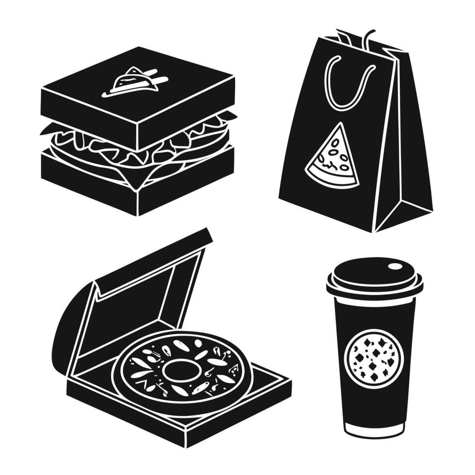 Black and white illustration of takeaway food items including sandwich pizza coffee and pizza slice bag vector