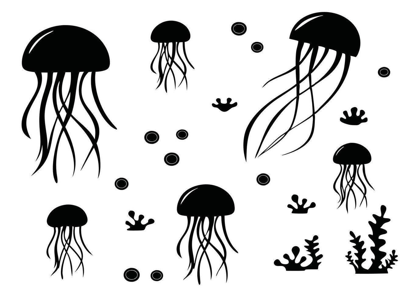 Abstract black and white illustration featuring artistic silhouettes of jellyfish and aquatic elements vector