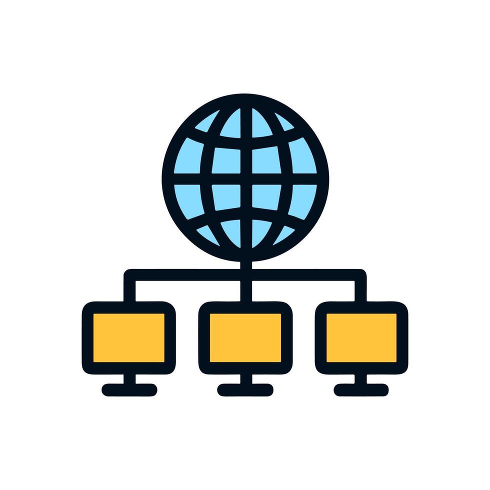 Global network connecting desktop computers. Icon symbol illustration vector