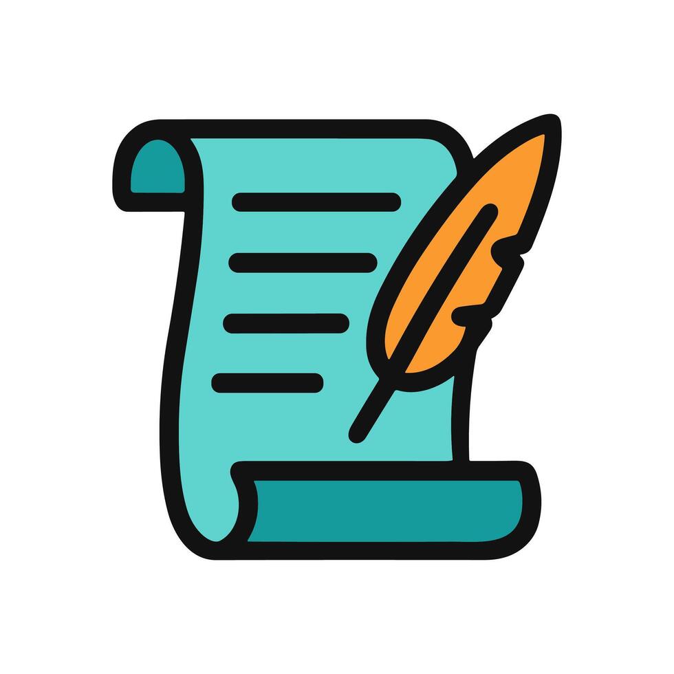Blue scroll and feathered pen. Icon symbol illustration vector