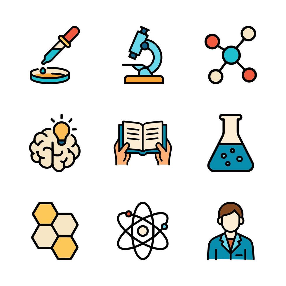 Scientific exploration atoms brains books. Icon symbol illustration vector