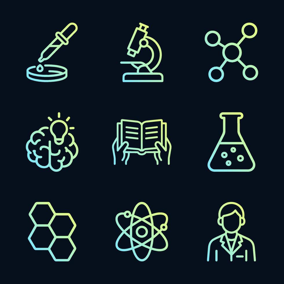 Sciencethemed icons glow with knowledge. Icon symbol illustration vector