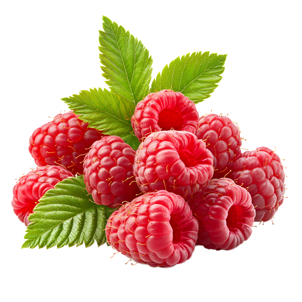 Fresh raspberries with leaves on transparent background png
