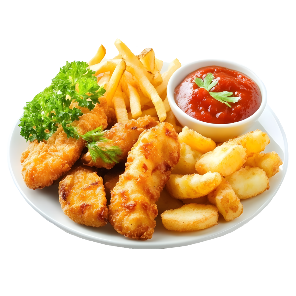 Crispy Chicken Tenders, Fries, and Tomato Sauce on a Plate png