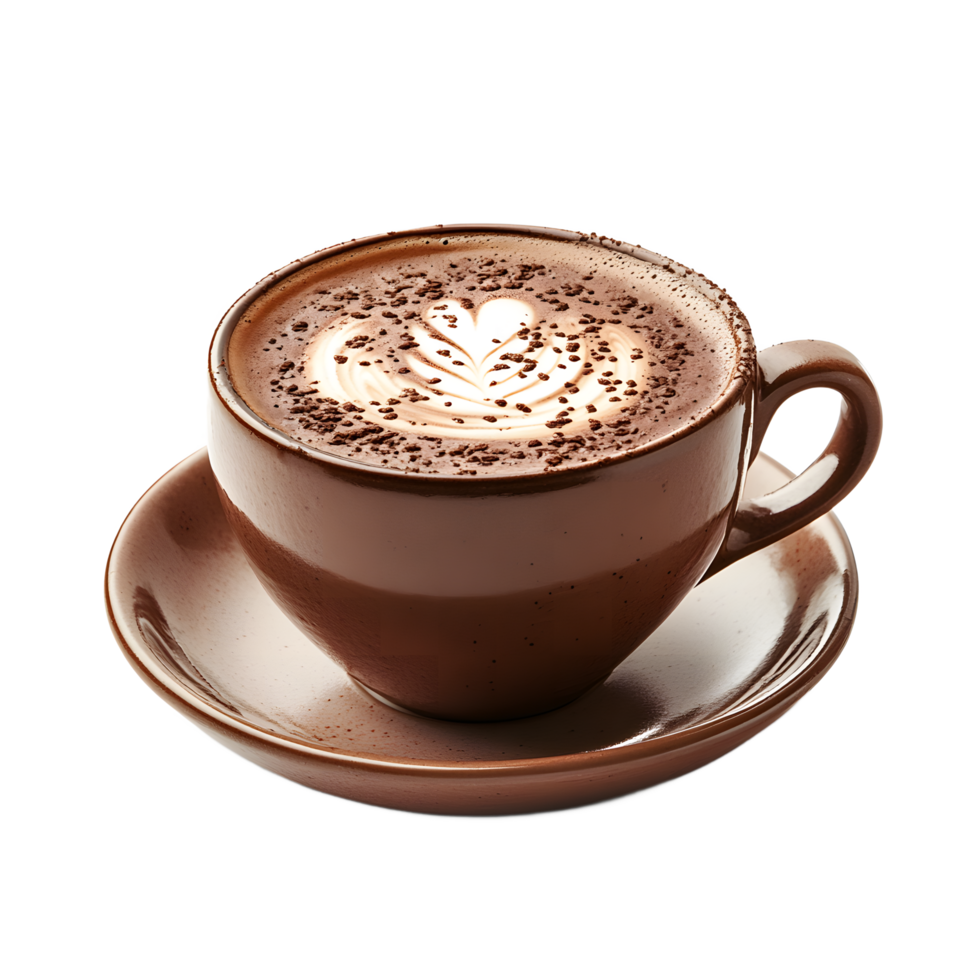 Delicious latte art in a sophisticated brown ceramic mug and saucer. png
