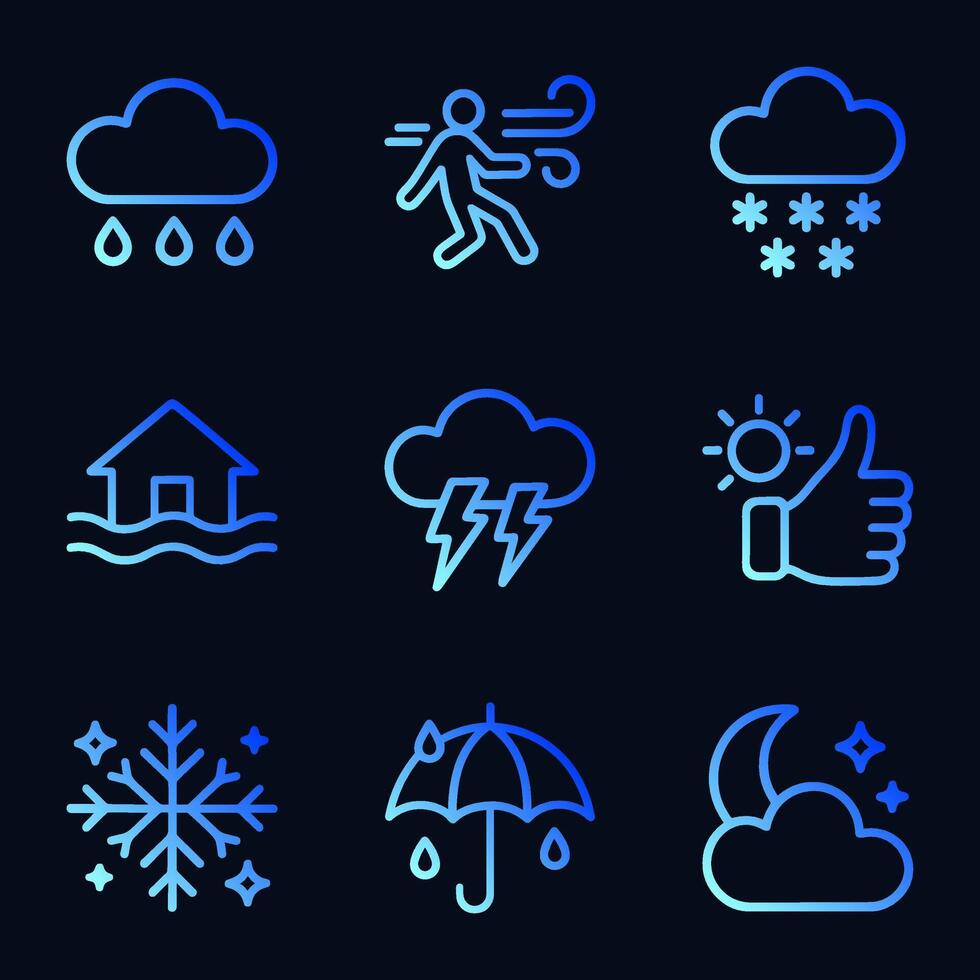 Varied weather conditions depicted in icons. Icon symbol illustration vector
