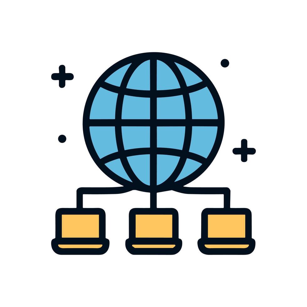 Connected world networked computers and communication. Icon symbol illustration vector