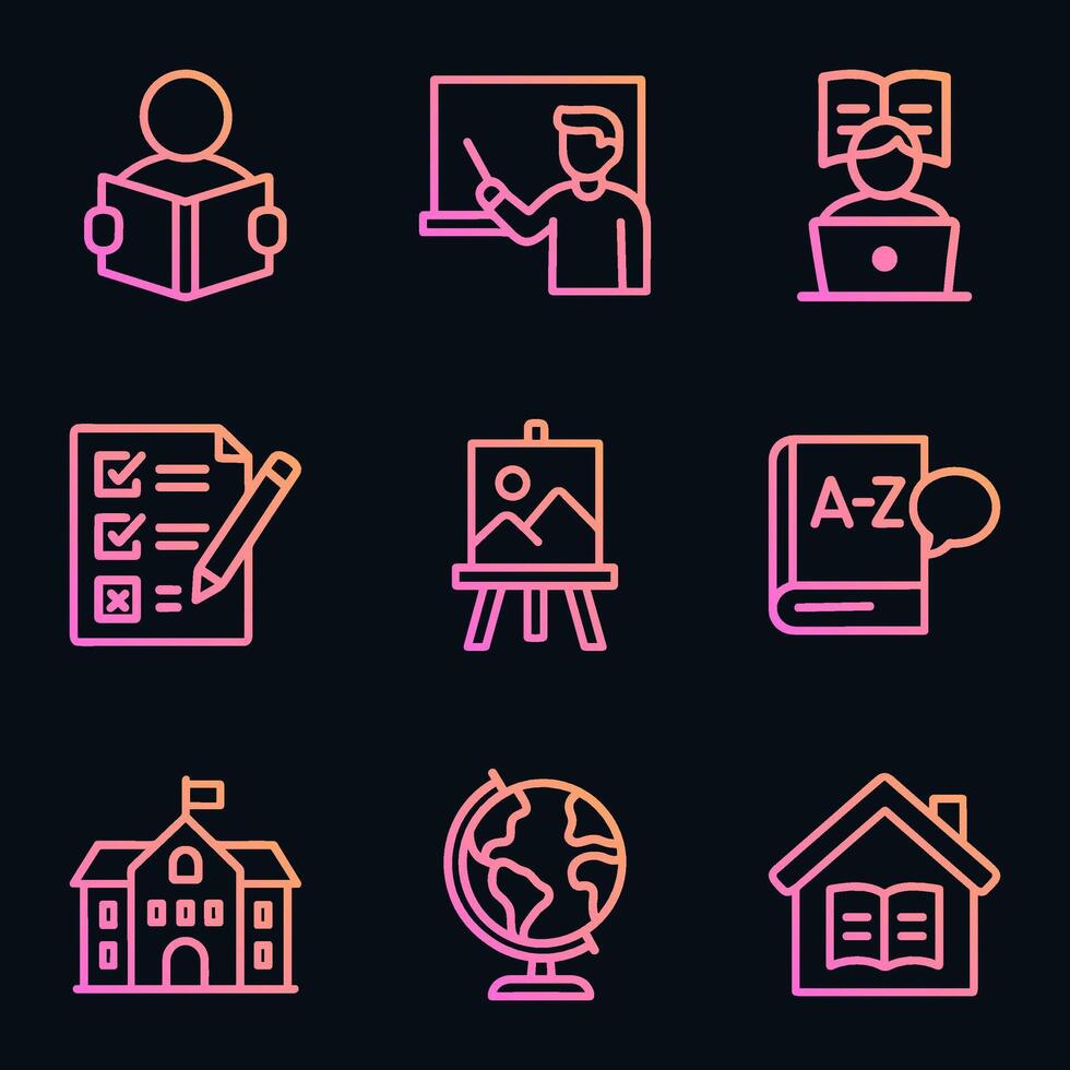 Education symbols glow on dark backdrop. Icon symbol illustration vector