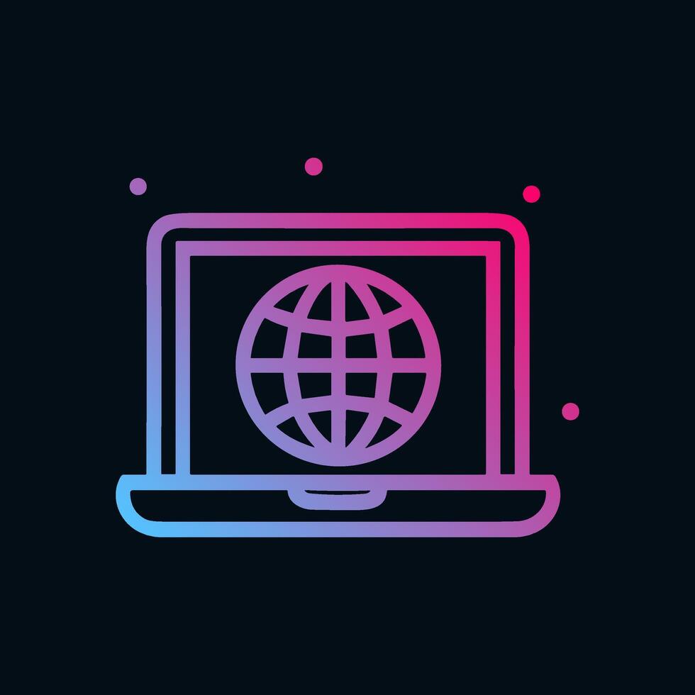 Gradient laptop displaying globe network. Icon symbol illustration vector