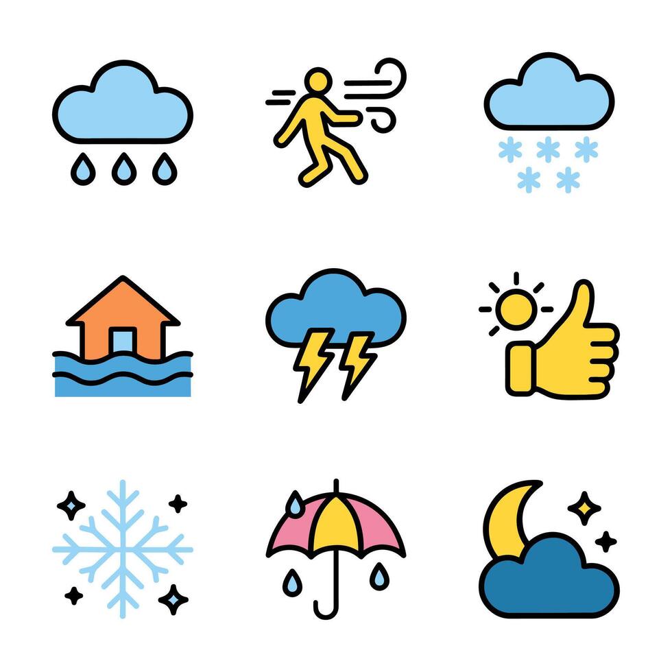 Weather forecast icons displaying various conditions. Icon symbol illustration vector