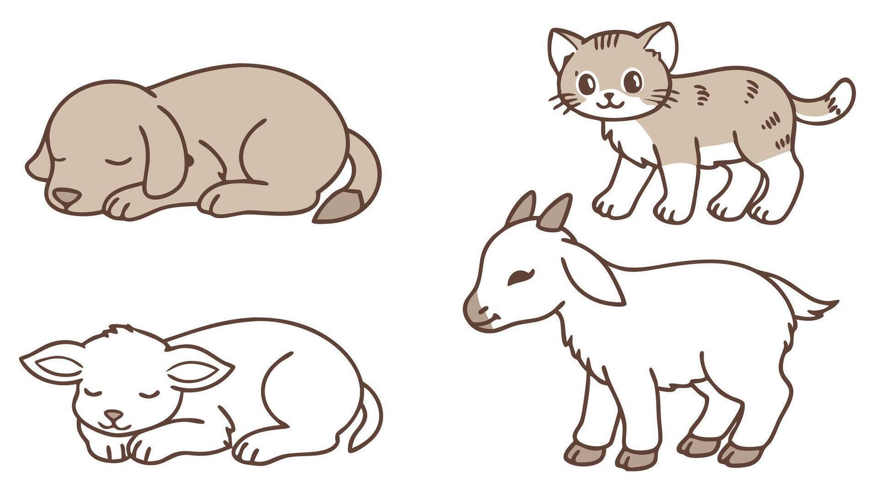 Adorable cartoon illustration showcasing four different domestic animals including a cat and dog. vector