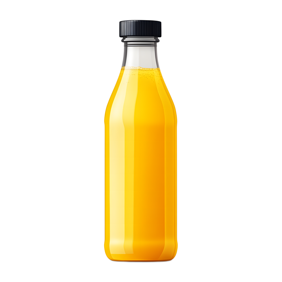 High-quality 3D render of a glass juice bottle with transparent cap. png