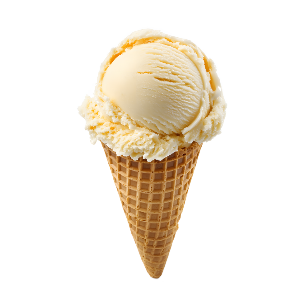 Delicious scoop of vanilla ice cream in a waffle cone. png