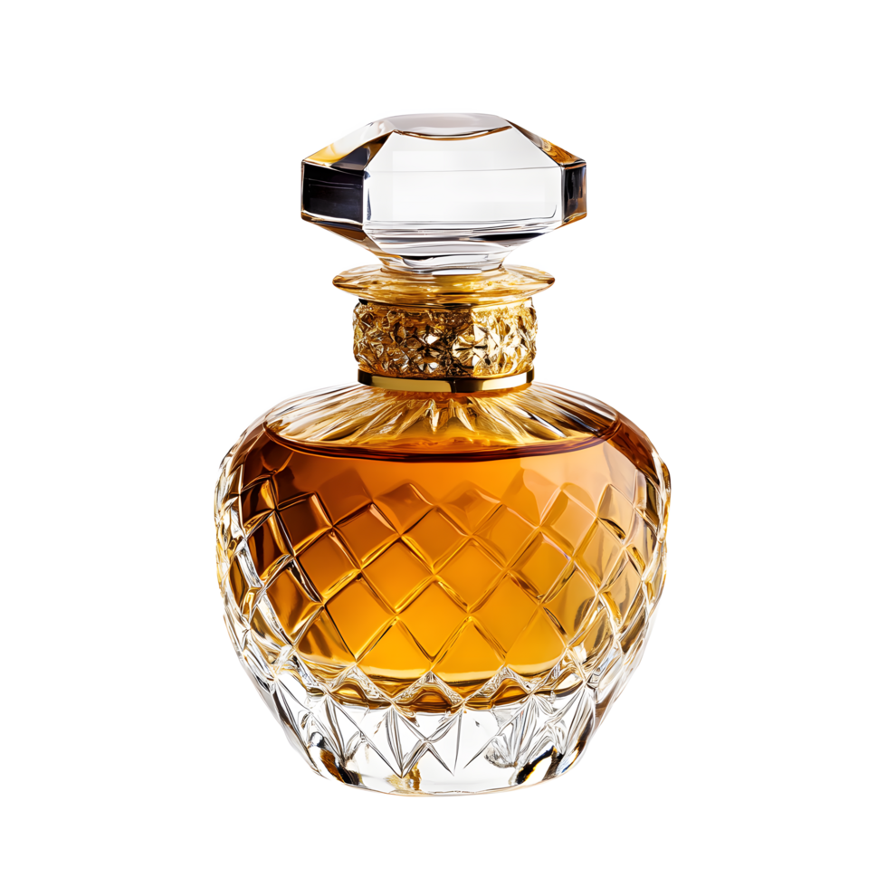 Luxurious Amber Perfume Bottle with Ornate Crystal Design png