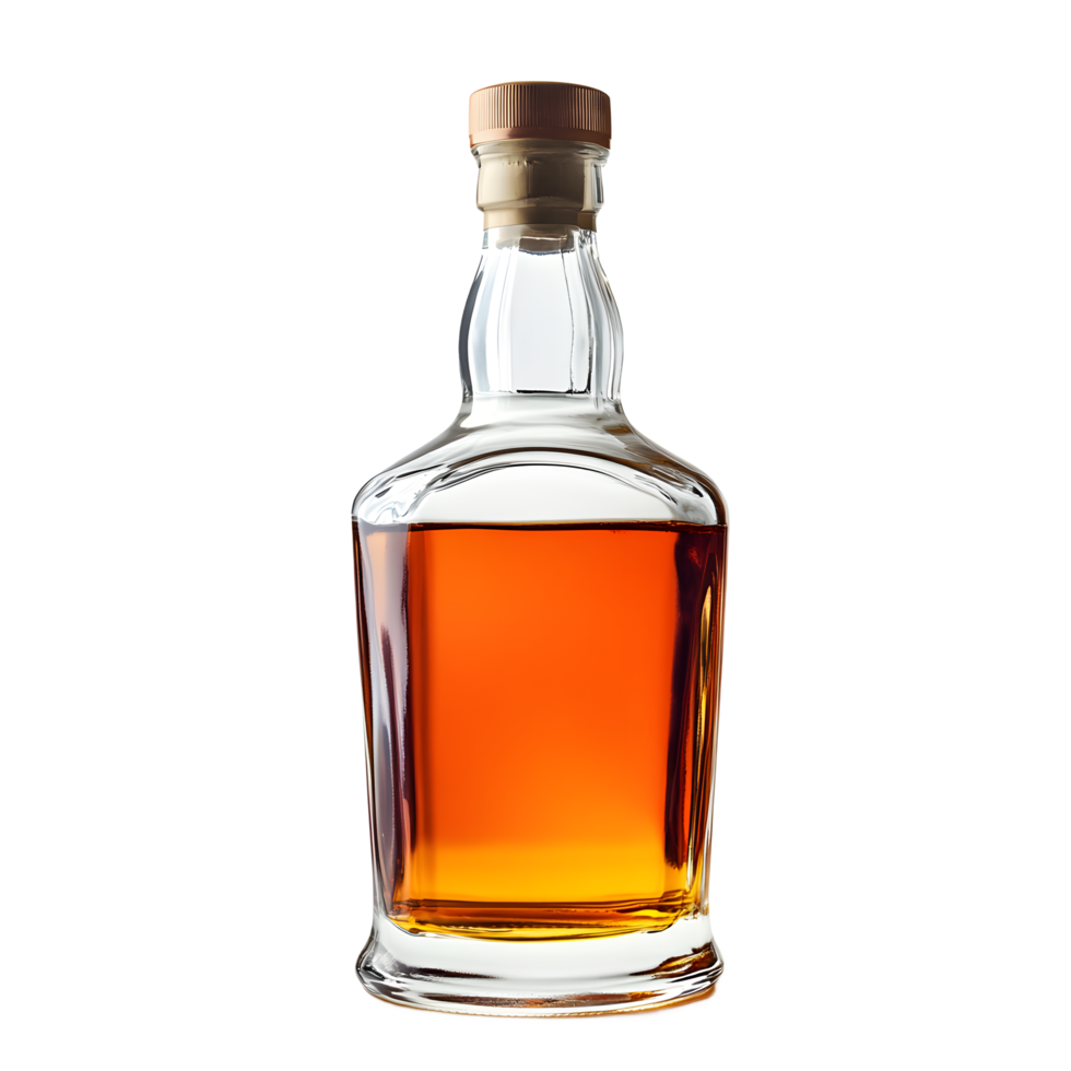 Close-up of a clear glass bottle filled with amber liquid. png
