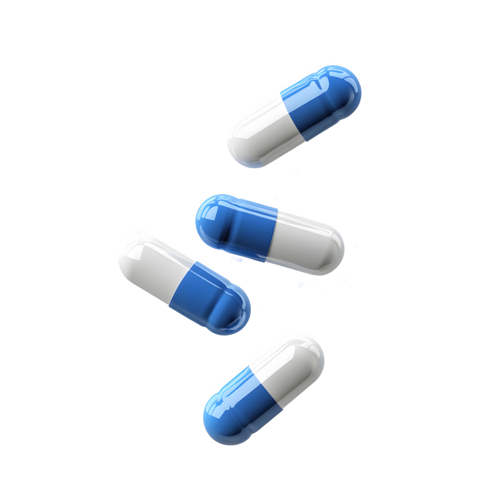 High-Angle View of Multiple Blue and White Medicine Capsules in Flight png