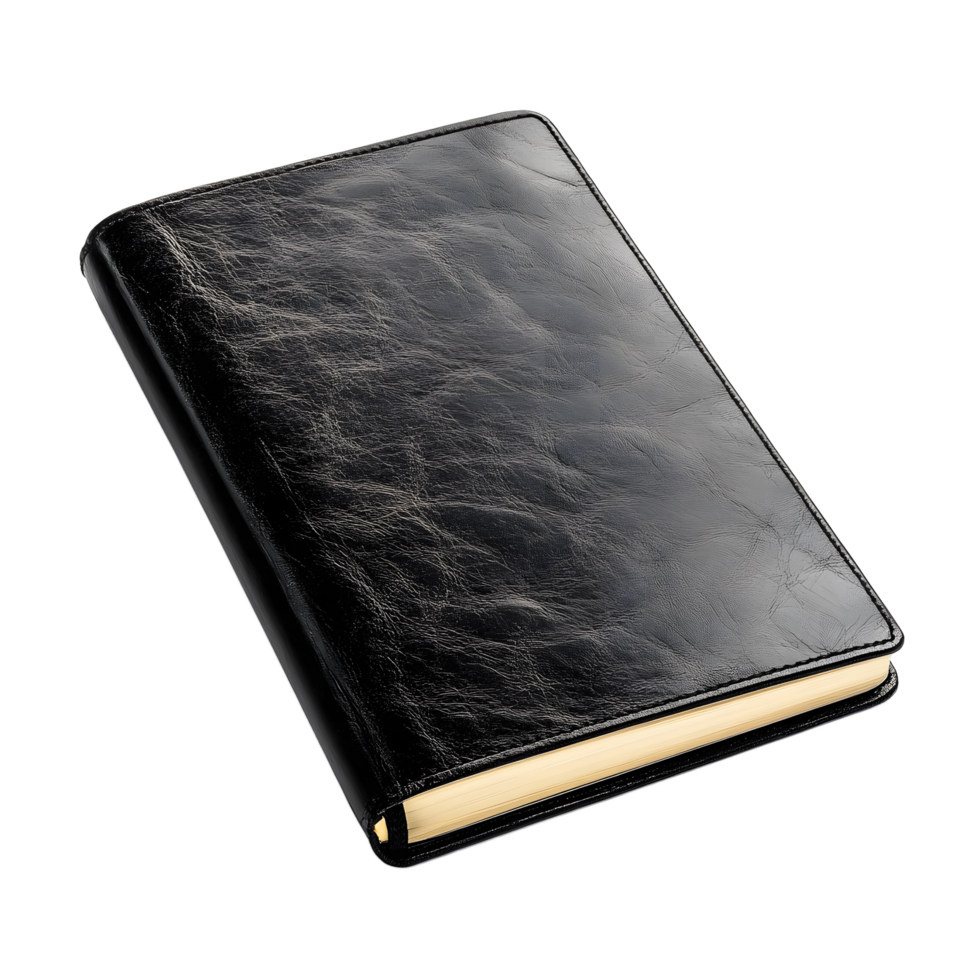 High-quality black leather bound notebook, perfect for business or personal use. png