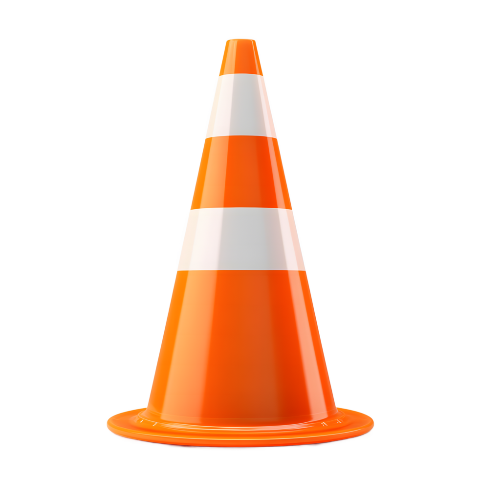 High-angle view of an orange traffic cone with white stripes. png