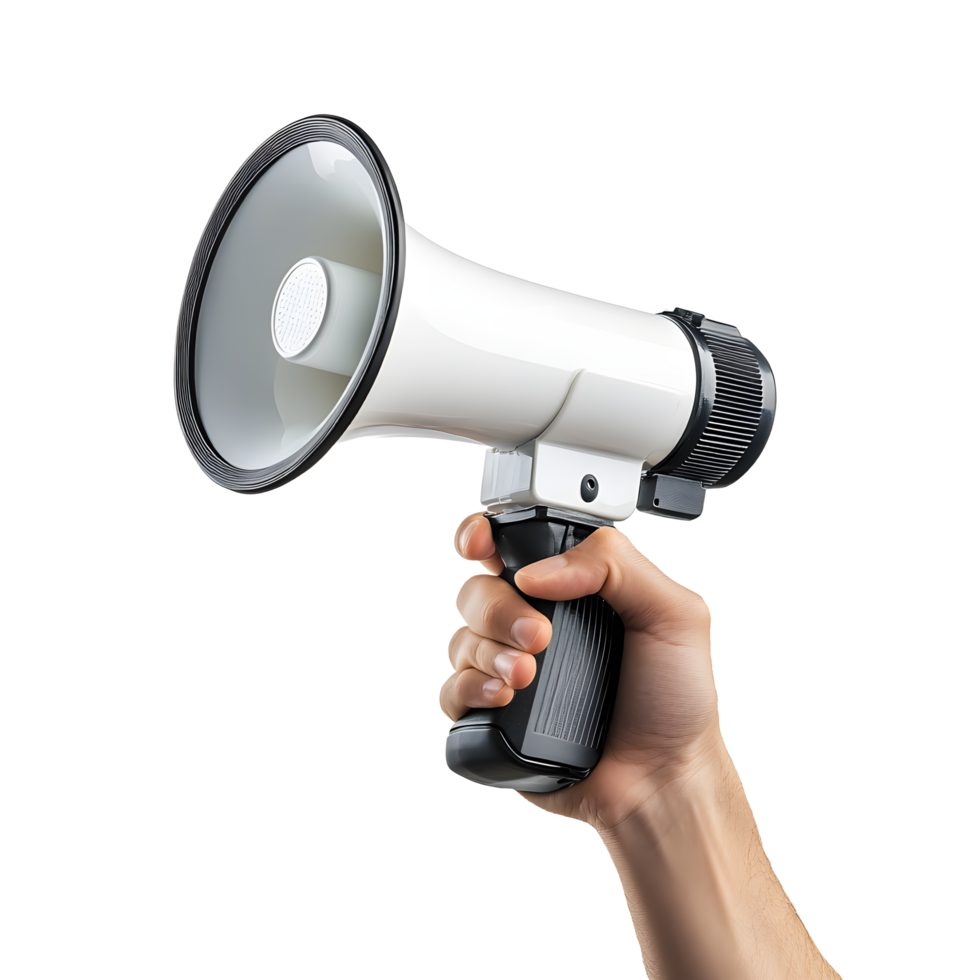 Hand holding a white megaphone against transparent background png