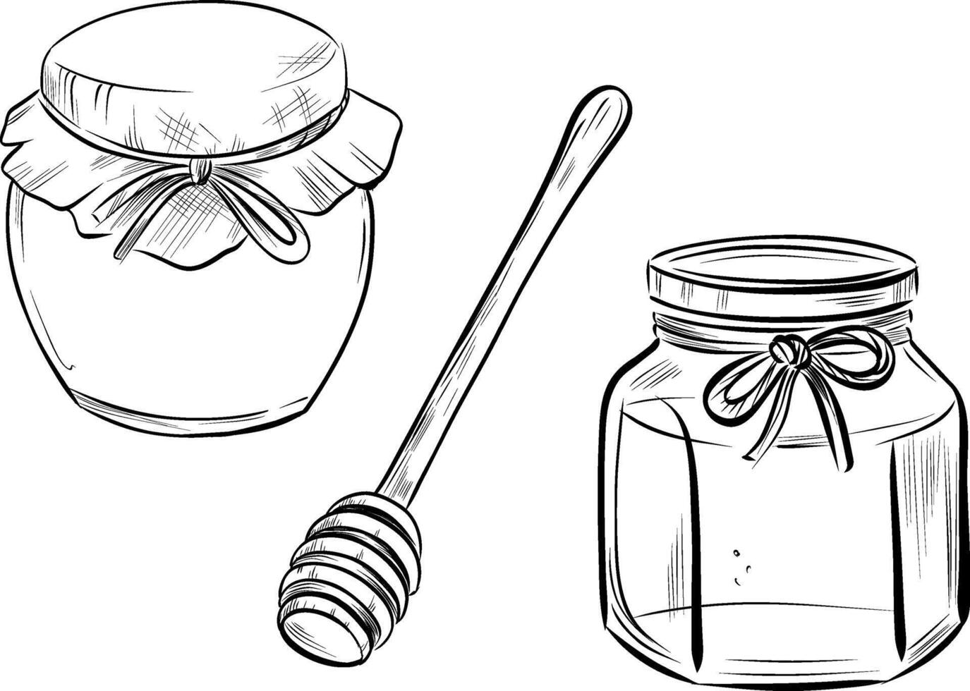 Hand drawn honey jars and dipper sketch vector