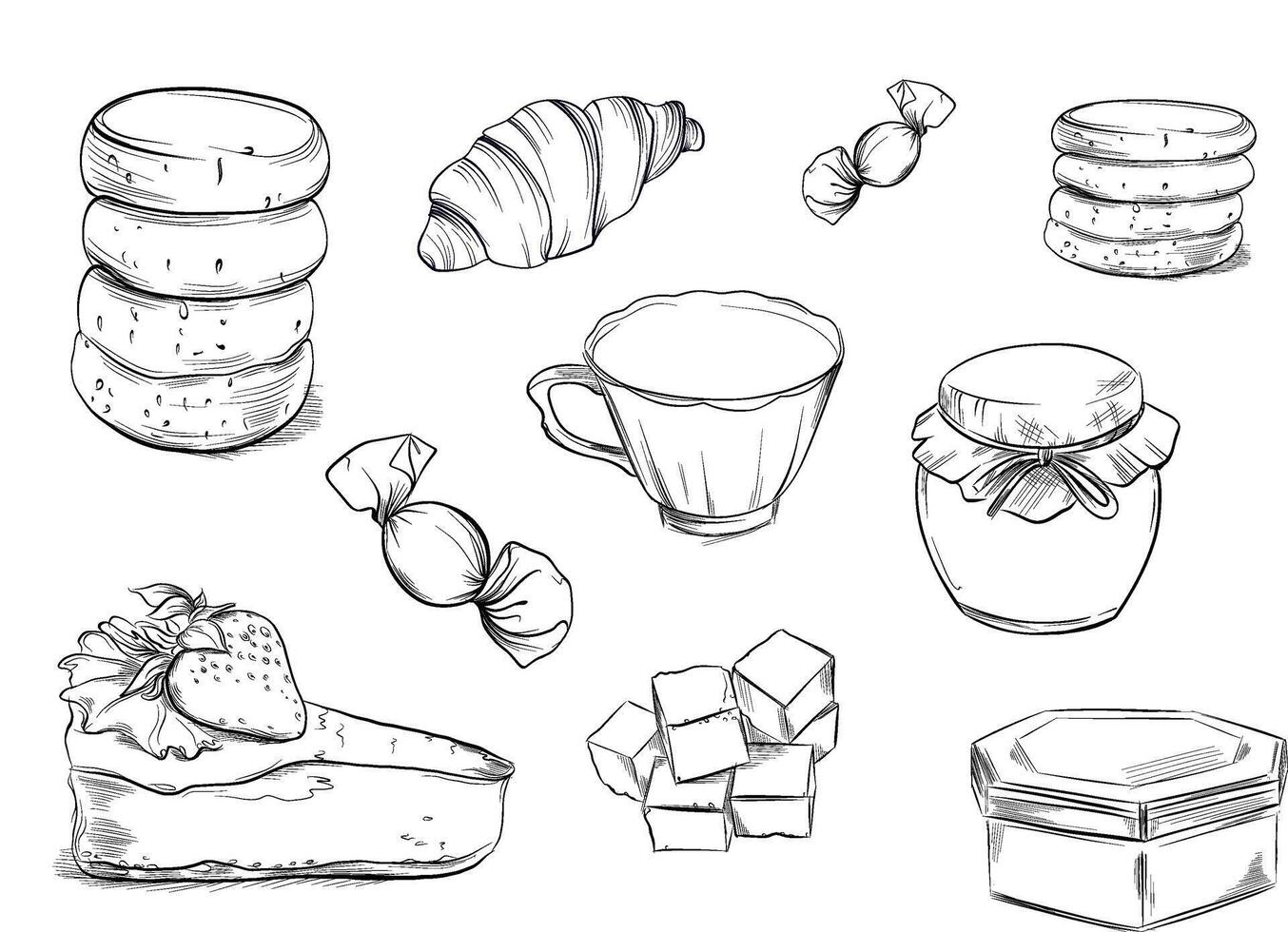 Hand drawn dessert sweets tea and pastry sketch vector