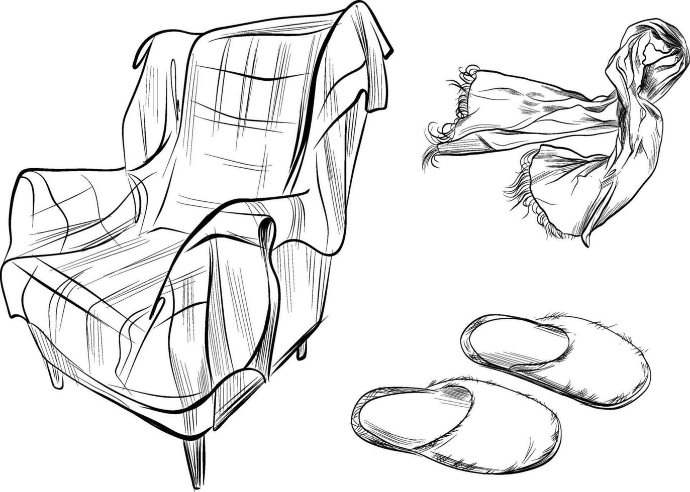 Hand drawn cozy armchair with blanket scarf and slippers sketch vector