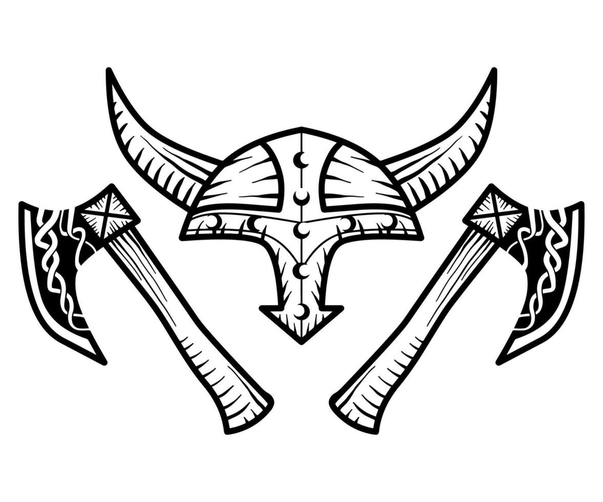 Hand drawn sketch of viking axe and viking horned helmet vector