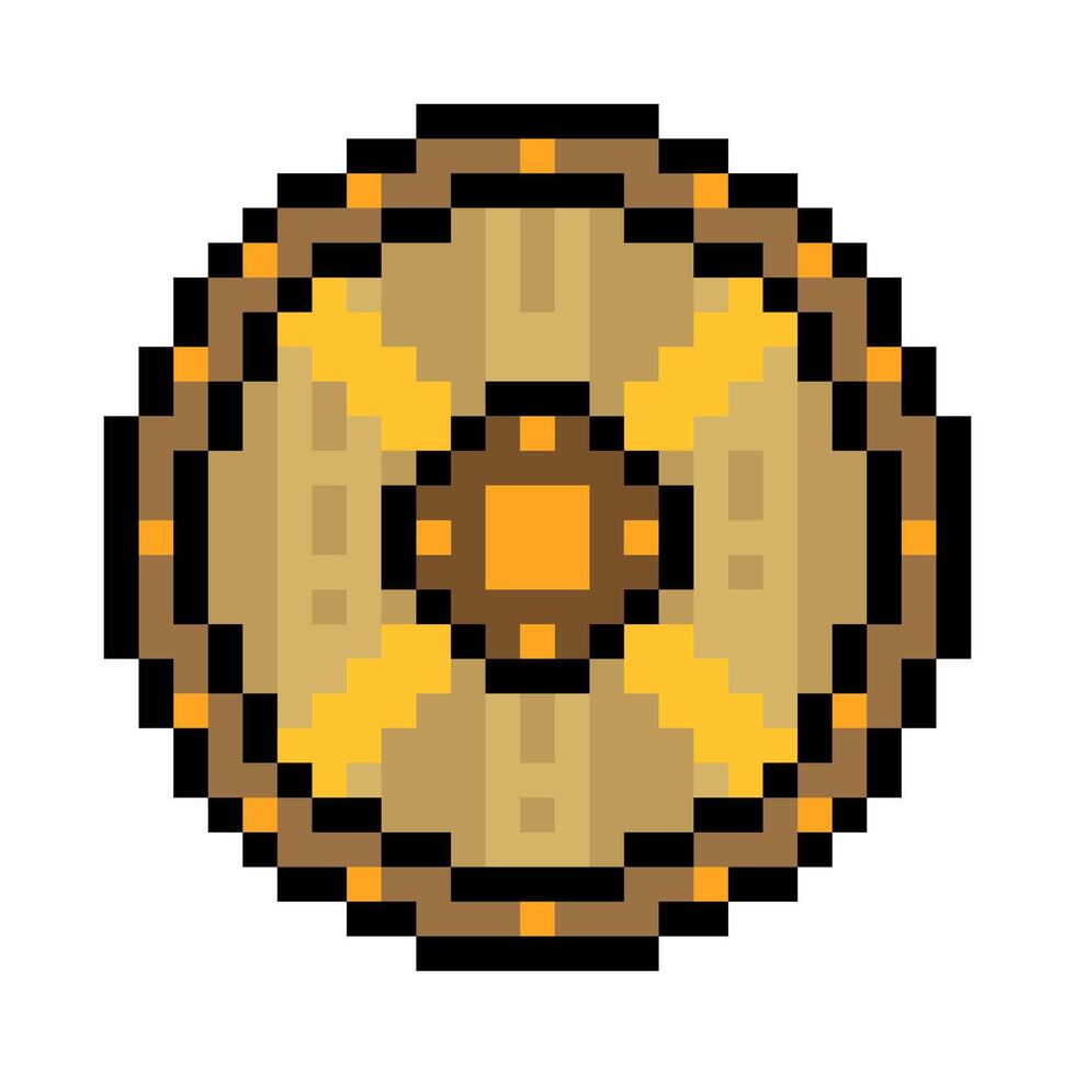 Medieval Viking shield in pixel art style vector