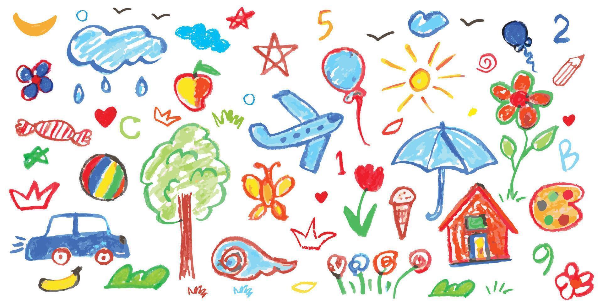 Colorful kids doodle sketch set. Hand drawn crayon style child art with sun, house, flower, rainbow, tree, cloud, heart. Cute pencil texture children drawing. Fun cartoon element collection vector
