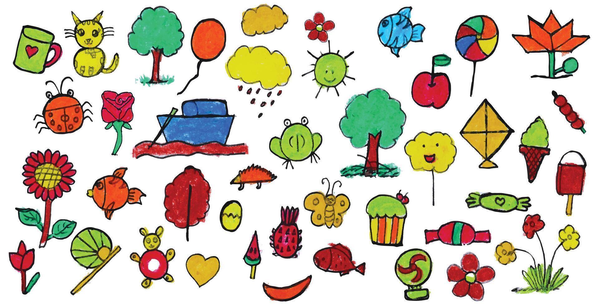 Colorful hand-drawn crayon doodle set for kids. Playful childlike art with animals, nature, and objects including cat, trees, boat, fish, flowers, fruits, and balloons. pencil texture illustrations vector