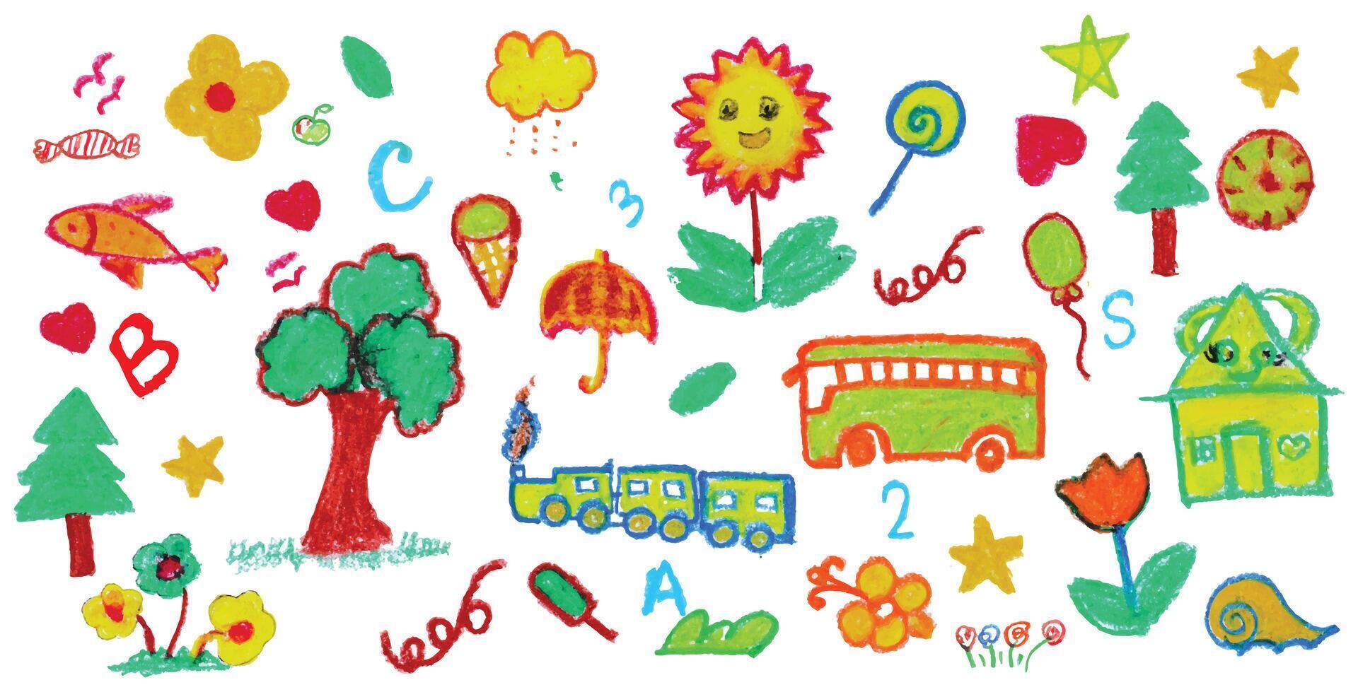 Crayon kids drawing set with playful symbols. Child hand drawn sun, bus, tree, train, fish, clock, flower, balloon, alphabet, numbers and ice cream. Cute colorful sketch elements for school vector