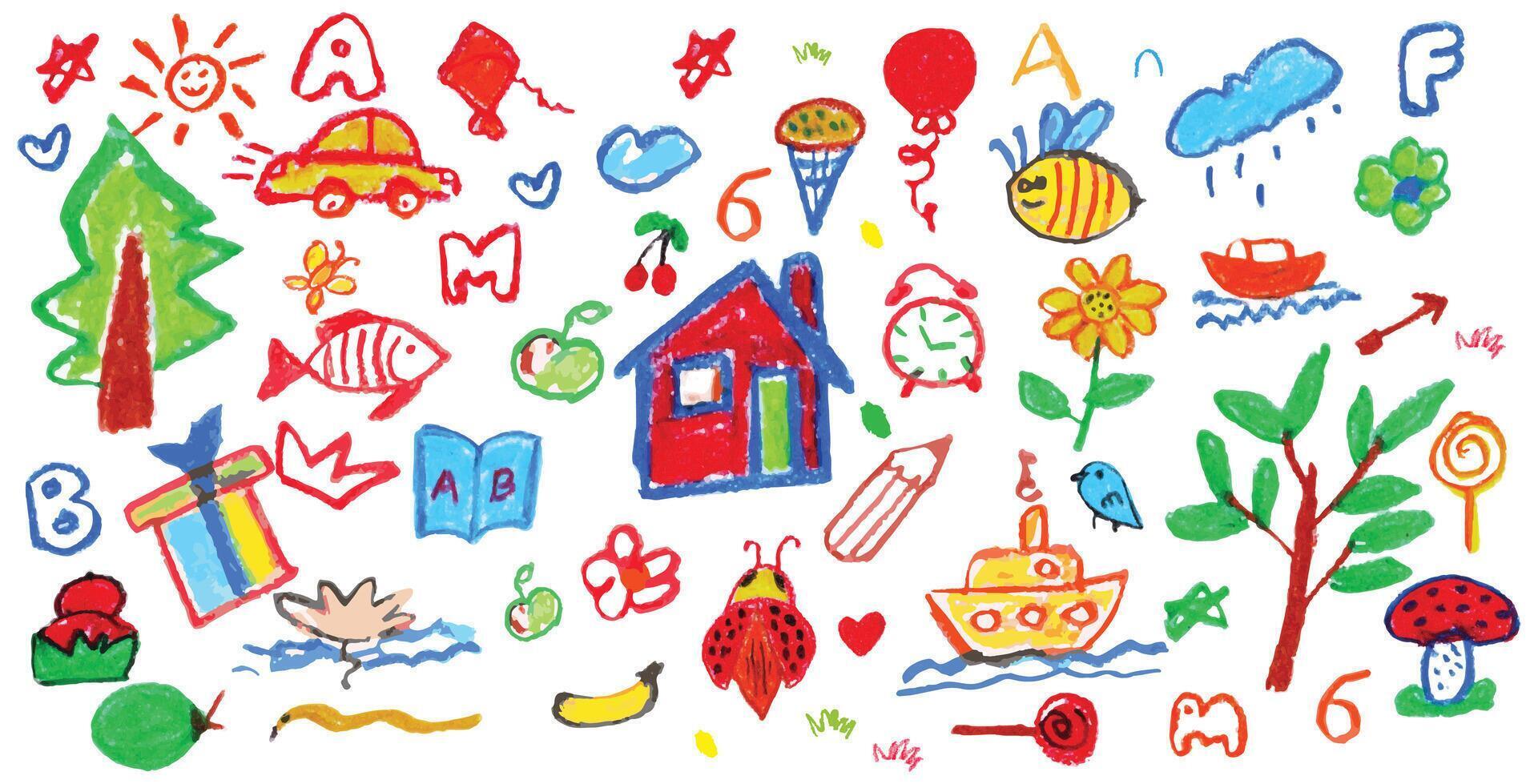 Crayon kids doodle sketch set. Hand drawn child art with house, tree, car, boat, bee, flower, clock, alphabet, and fruit. Cute colorful pencil texture illustration for school and nursery design vector