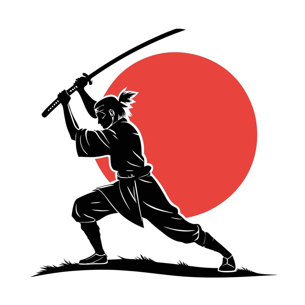 Japanese samurai silhouette artwork with katana under red sun. vector