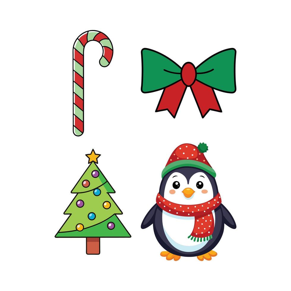 Cute Christmas Icons Candy Cane, Bow, Tree, and Penguin. vector