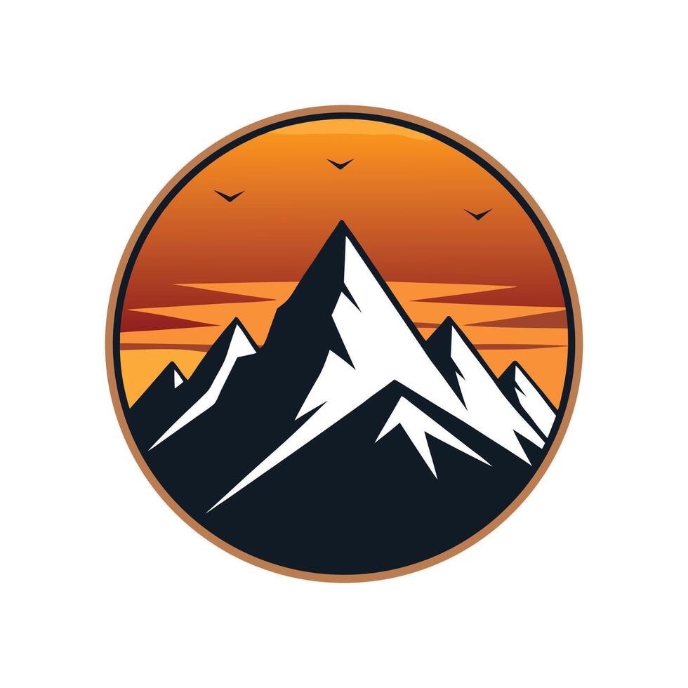 Stunning mountain range logo with sunset background and sky birds. vector