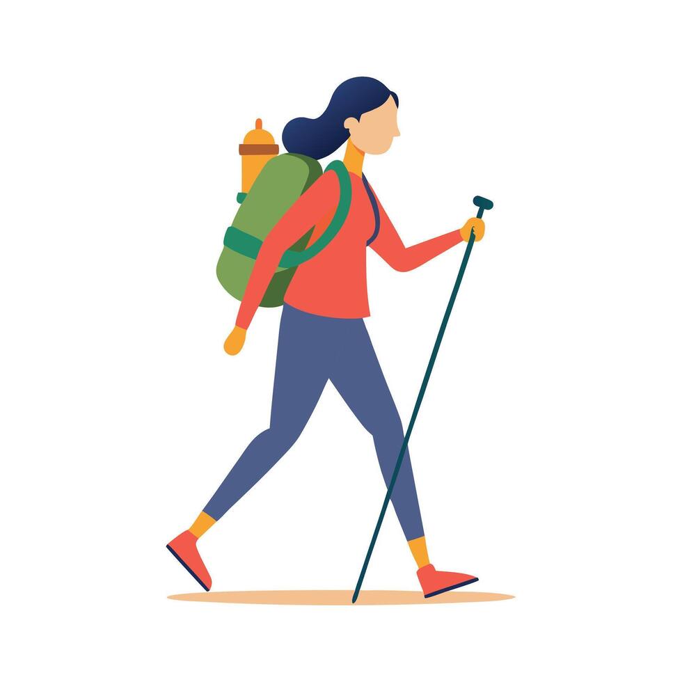 Active female hiker with backpack and trekking poles. vector