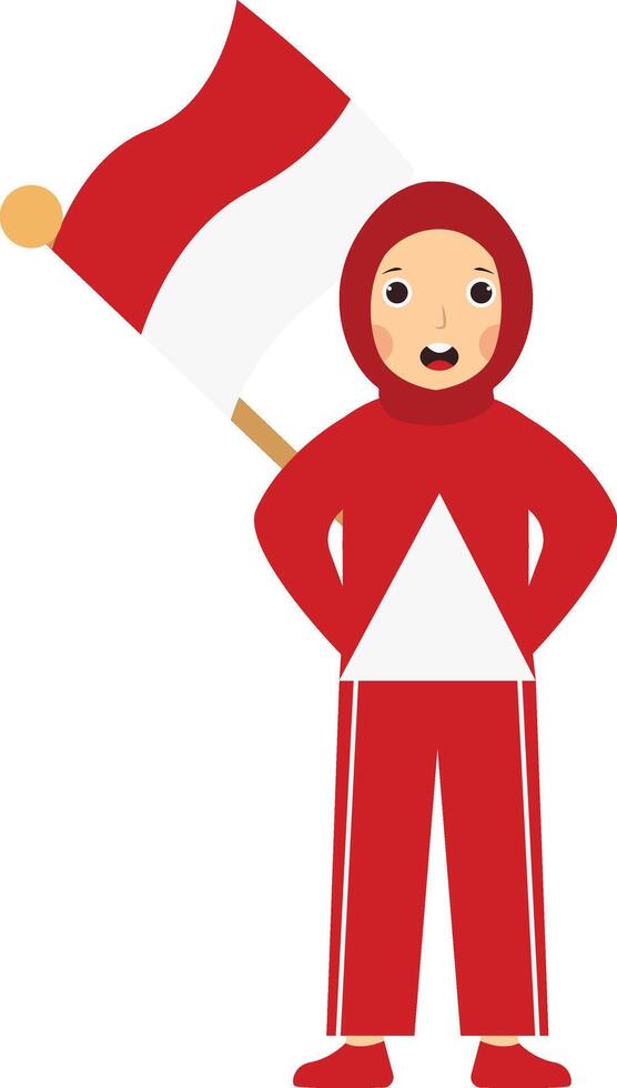 Little Girl Holding Indonesian Flag Isolated on White Background. vector
